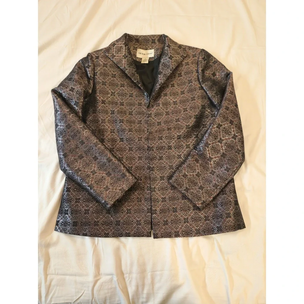 Victor Costa Womens Metallic Brocade Blazer Jacket Silver Bronze Size 12 Evening